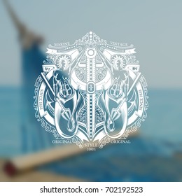 Two mermaids with trident in arms hold the anchor with ribbons and line pattern. Marine label on blurred photo background