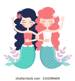 Two mermaids. Underwater girlfriends. Vector illustration