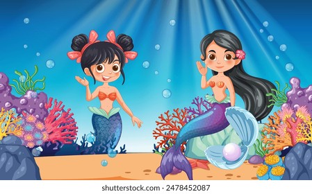 Two mermaids waving in a colorful underwater scene