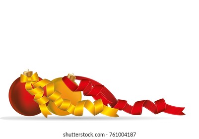 Two Merry Christmas balls with yellow and red ribbons and bow. Banner with copy space. Vector. Greeting card For a holiday or a party.