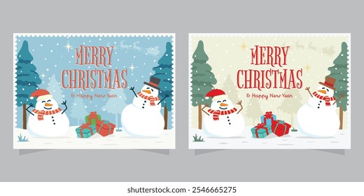 Two Merry Christmas and Happy New Year Greetings Card with Two Snowmen