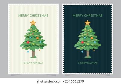 Two Merry Christmas and Happy New Year Greeting Card with Tree