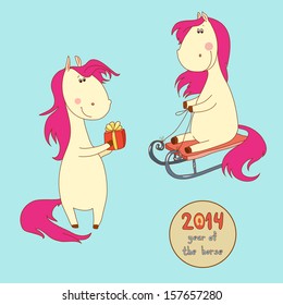 Two merry Christmas horse with a pink mane and tail
