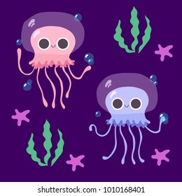 two merry jellyfish on a deep background. pink and blue jellyfish with starfish in cartoon style. children's stickers on the wall. funny pictures for kids. marine treasures.  Cute cartoon card.