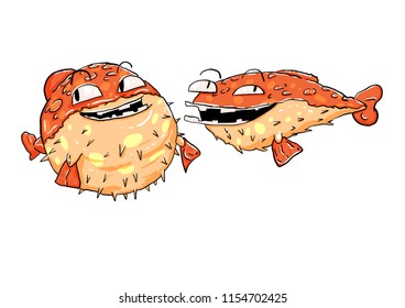 
two merry poisonous fish fugu of orange color. One of them is fat.