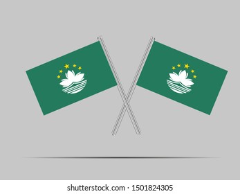 Two metal flagpole with National flag of Macau. original colors and proportion. Isolated on gray background. Simply vector illustration, from countries flag set.