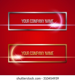 Two metal frames (gold and silver) with space for logo and company name. Glowing lights and stars, lens flares. Vector technology design