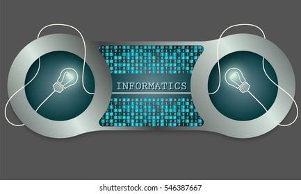 Two metal frames and the words informatics and binary code