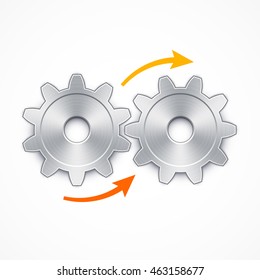Two metal gears and arrows direction of rotation. Concept of interaction