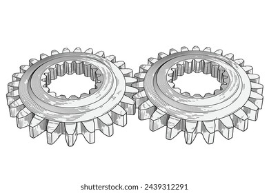Two metal gears in mesh. Part of the mechanism for transmitting torque. Line drawing isolated on white background.