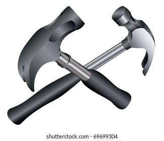 Two metal hammers with rubber handles on a white background