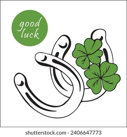 Two metal horseshoes and two four-leaf clover for good luck. icons of lucky clover and horseshoe or Patrick's day. St Patrick's Day horseshoe clover Irish lucky green, vintage icon vector