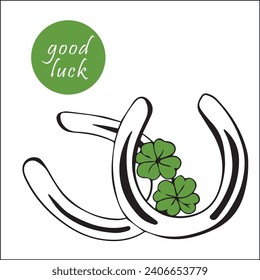 Two metal horseshoes and two four-leaf clover for good luck. icons of lucky clover and horseshoe St.Patrick's Day. horseshoe clover Irish lucky green. vintage vector