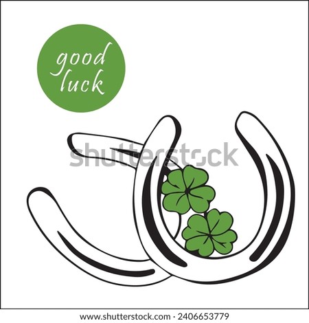 Two metal horseshoes and two four-leaf clover for good luck. icons of lucky clover and horseshoe St.Patrick's Day. horseshoe clover Irish lucky green. vintage vector