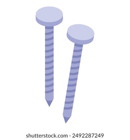 Dos clavos de metal con rosca de tornillo están de pie erguido aislado sobre fondo blanco en representación 3d
