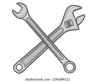 Two metal open-ended and adjustable wrenches isolated on white background white background. Repair tool. Vector illustration