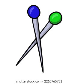 Dos clavijas metálicas para una costurera, ilustración vectorial en el estilo de dibujos animados sobre un fondo blanco