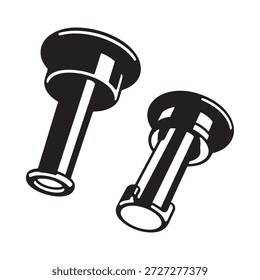 Two metal rivets or bolts with flat heads