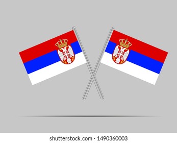 Two metall flagpole with Beautiful national flag of Republic of Serbia . original colors and proportion. Simply vector illustration eps10, from countries flag set.