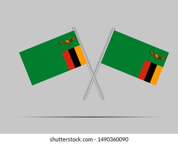 Two metall flagpole with Beautiful national flag of Zambia. African Country. Simply vector illustration eps10. Original colors and proportion. from countries flag set.