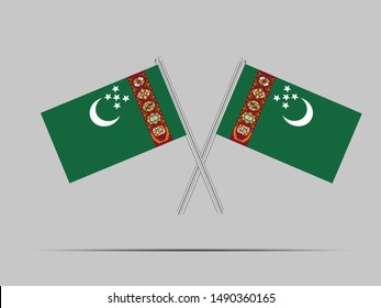 Two metall flagpole with Beautiful national flag of Republic of Turkmenistan, original colors and proportion. Simply vector illustration eps10, from countries flag set.