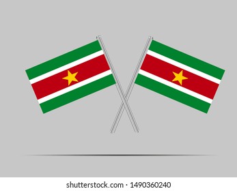 Two metall flagpole with Beautiful national flag of Republic of Suriname. original colors and proportion. Simply vector illustration eps10, from countries flag set.