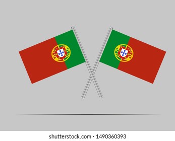Two metall flagpole with Beautiful national flag of Republic of Portugal. original colors and proportion. Simply vector illustration eps10, from countries flag set.