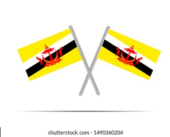 Two metall flagpole with National flag of Nation of Brunei, the Abode of Peace . original colors and proportion. Simply vector illustration, from countries flag set.