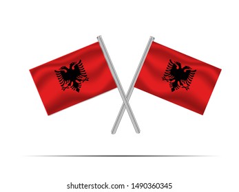 Two metall flagpole with National flag of Republic of Albania. original colors and proportion. Simply vector illustration, from countries flag set.