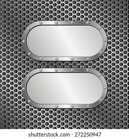 two metallic banners on grille texture
