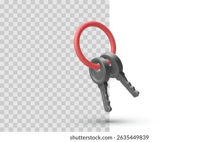 Two Metallic Keys On Red Keyring Rendered In Realistic 3D Style, Representing Security, Access, Or Property Protection. Clean Vector Illustration For Lock And Safety Concepts.