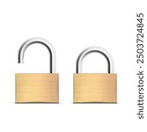 Two metallic padlocks, one locked and one unlocked. Vector illustration