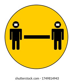 Two meter or 6 feet social distancing circle: people in masks on yellow icon vector with arrow and words separating people for public health and safety during Coronavirus (COVID-19), global pandemic.	