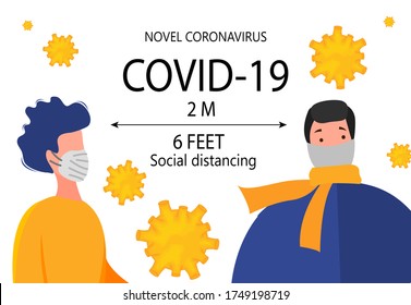 Two meter safe distance between people during Coronavirus 2019-nCoV outbreak isolated on a white background. Pandemic epidemiology concept. Vector flat illustration.