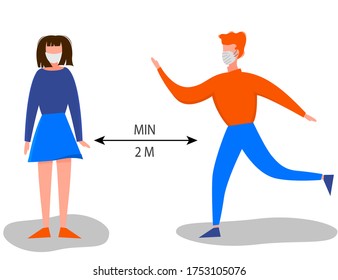 Two meter safe distance between people during Coronavirus 2019-nCoV outbreak isolated on a white background. Pandemic epidemiology concept. Vector flat illustration.
