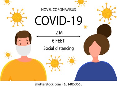 Two meter safe distance between people during Coronavirus 2019-nCoV outbreak isolated on a white background. Pandemic epidemiology concept. Vector flat illustration.