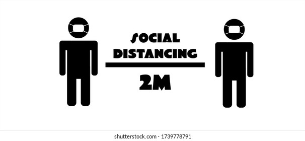 Two meter social distancing concept: people in masks black and white icon vector with arrow and words separating people for public health and safety during Coronavirus (COVID-19), global pandemic.	