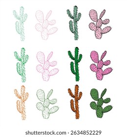 Two Mexican cacti types in stylish pink and green shades vector set painted in linear style. Opuntia and other cactus graphic sketch clip art minimalist style. For trendy packaging, fashion prints.