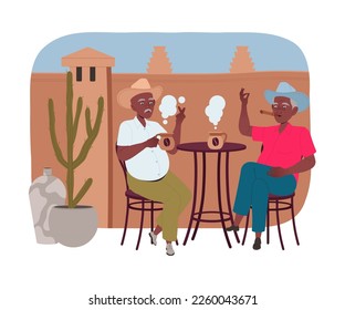 Two Mexican Man in Hat Drinking Hot Aromatic Coffee Beverage Sitting at Table Vector Illustration