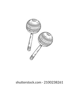 Two Mexican maracas traditional musical instruments, sketch monochrome hand drawn vector illustration isolated on white background. Mexican musical culture icon or symbol.