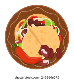 Two Mexican tacos on a plate with chili peppers 