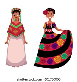 two Mexican woman in traditional national dress decorated with embroidered flowers, cartoon vector illustration isolated on white background. 