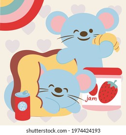 Two mice ate their home with croissants and strawberry jam. flat illustration vector design