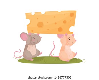 Two mice carry a piece of cheese. Vector illustration on white background.