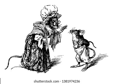 Two mice dressed up like mother mouse and boy mouse and talking, vintage line drawing or engraving illustration