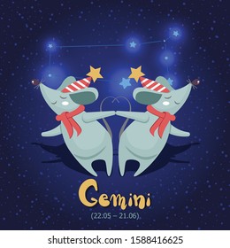  Two mice, dressed in red scarves and striped caps with stars, are dancing in pairs. Ponytails folded into a heart. Gemini. 