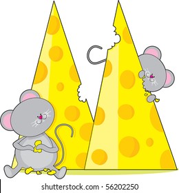 Two mice eating some Swiss cheese.  The cheese is shaped like the letter M