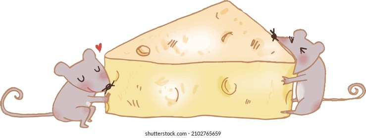 Two mice eating their favorite cheese.