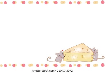 Two mice eating their favorite cheese. Postcard size.