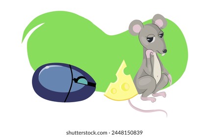 Two mice. A gray cartoon mouse wants to be friends with a computer mouse, treats him with cheese and is sad without reciprocity.
